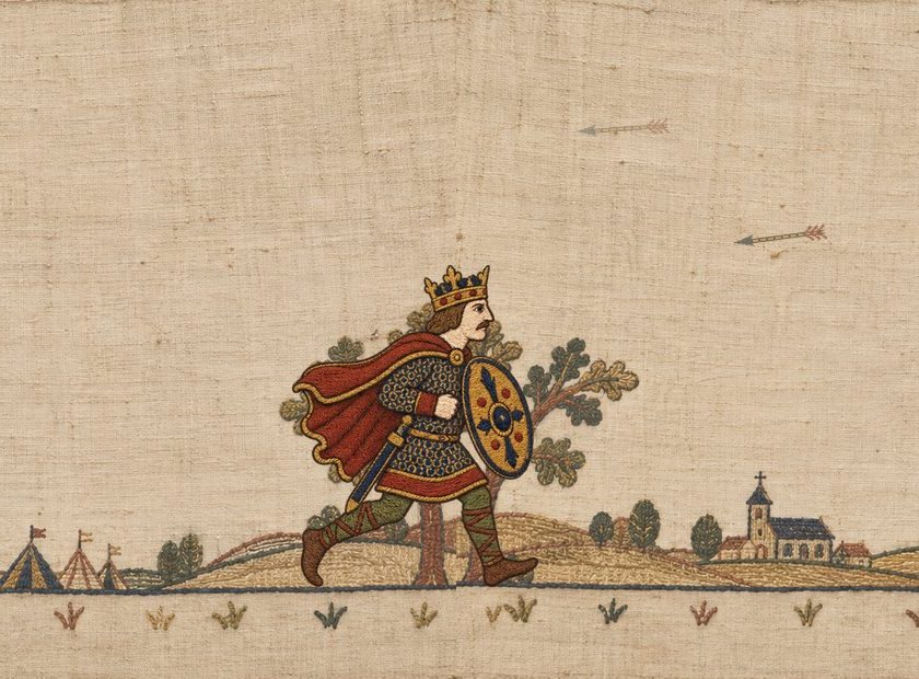 1066 — The Unfinished Tapestry: King Harold running across an embroidered Bayeux-style landscape as arrows fly in